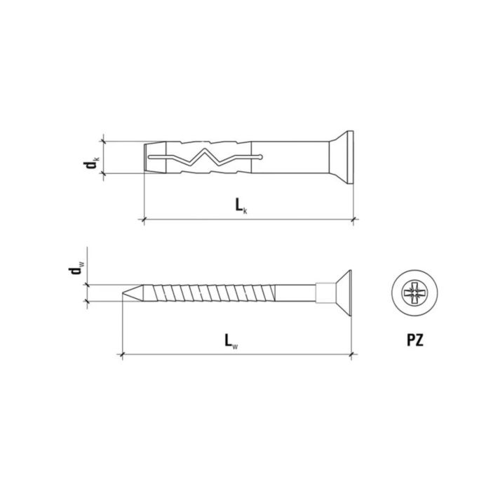 Nageldübel 6 x 60 mm + Senkkopfschraube PZ2 – 200 Stk. Nageldübel 6 x 60 mm + Senkkopfschraube PZ2 – 200 Stk.
