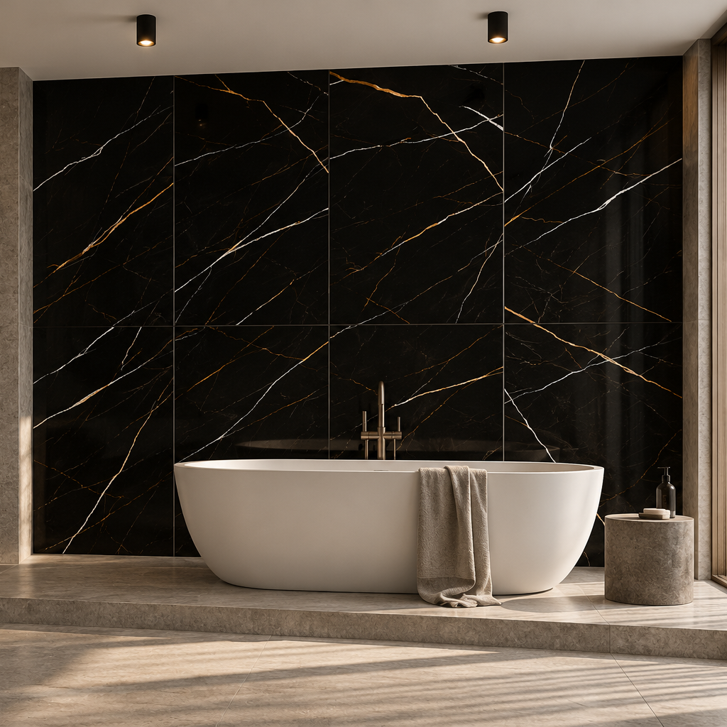SPC Wandpaneel Marmor Marquina Schwarz Glänzend 60 x 120 cm 4 mm