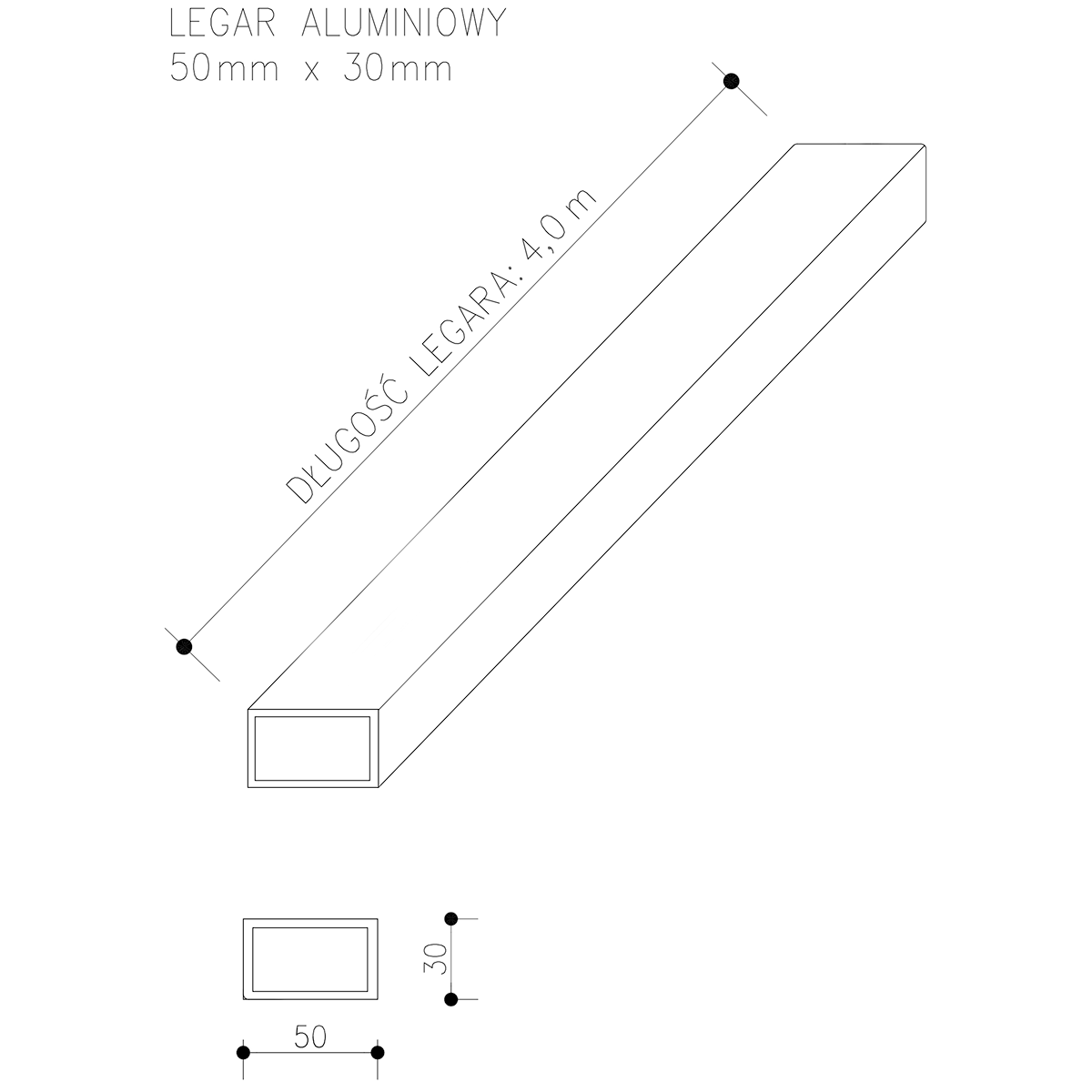 Legar Aluminiowy 50 x 30 mm – dł. 4 m