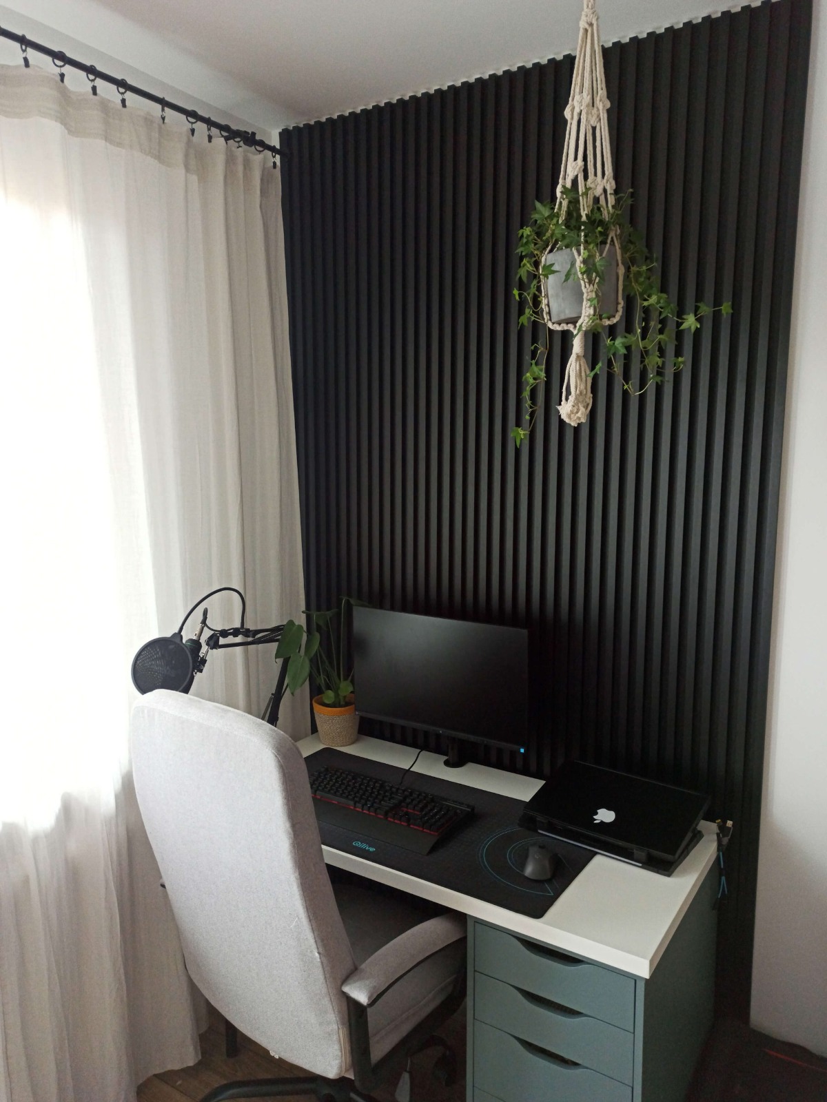 Schwarze lamellen auf einer weißen Wand - Dekorative Wandlamellen Satin Schwarz